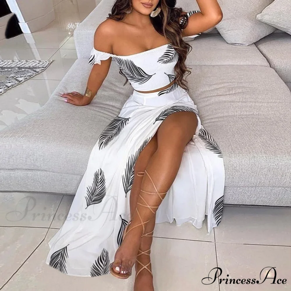 Women's Slash and - Long Warm-Season Top Slit Piece Spring with Shoulder Neck Set Two Off Flowered Party Gown Design Skirts - Image 3