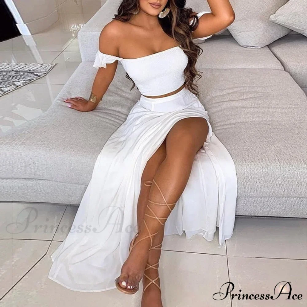 Women's Slash and - Long Warm-Season Top Slit Piece Spring with Shoulder Neck Set Two Off Flowered Party Gown Design Skirts - Image 4
