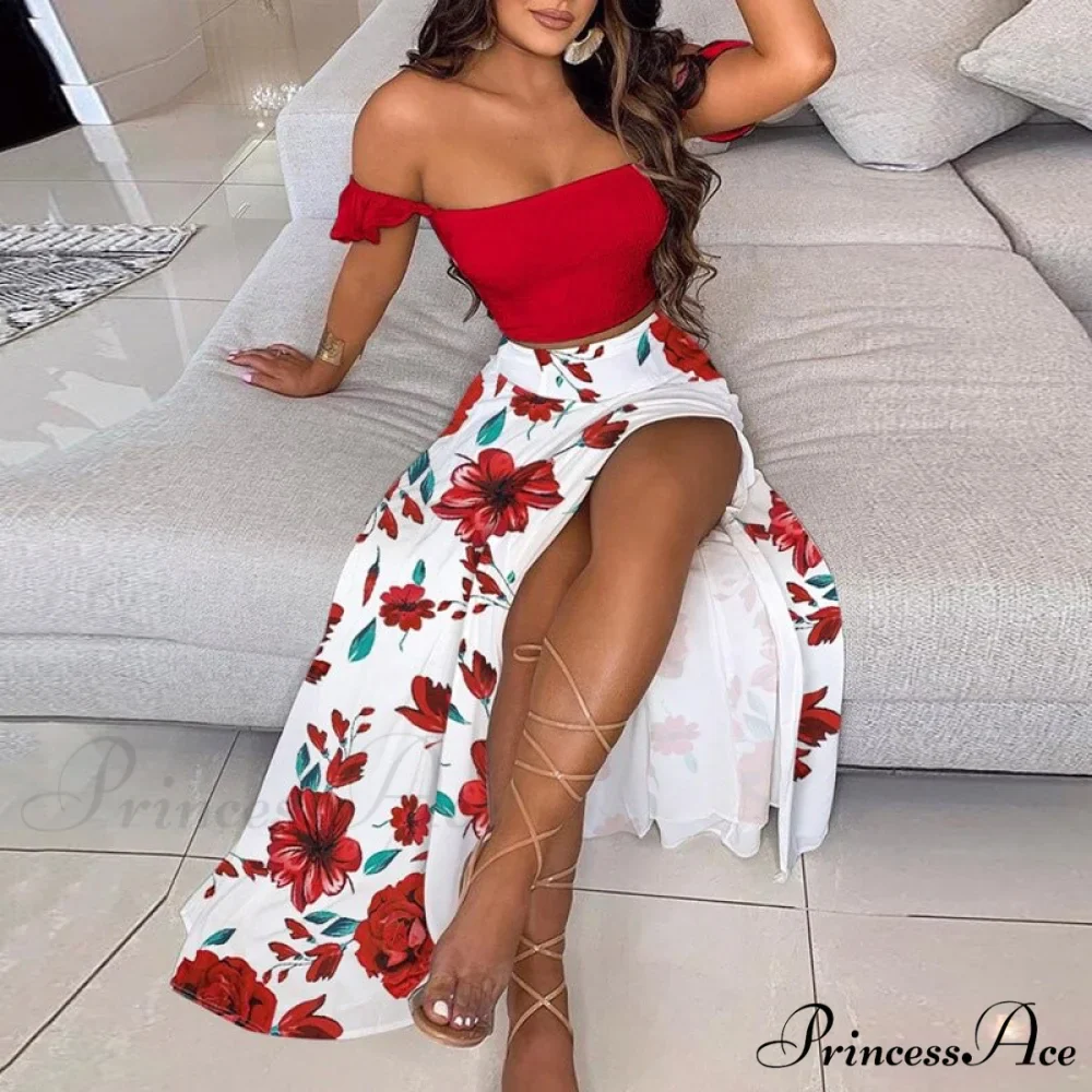 Women's Slash and - Long Warm-Season Top Slit Piece Spring with Shoulder Neck Set Two Off Flowered Party Gown Design Skirts - Image 5