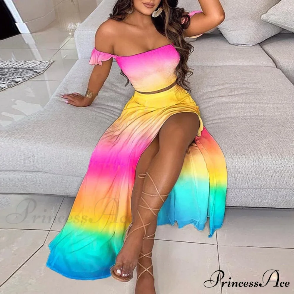 Women's Slash and - Long Warm-Season Top Slit Piece Spring with Shoulder Neck Set Two Off Flowered Party Gown Design Skirts - Image 6