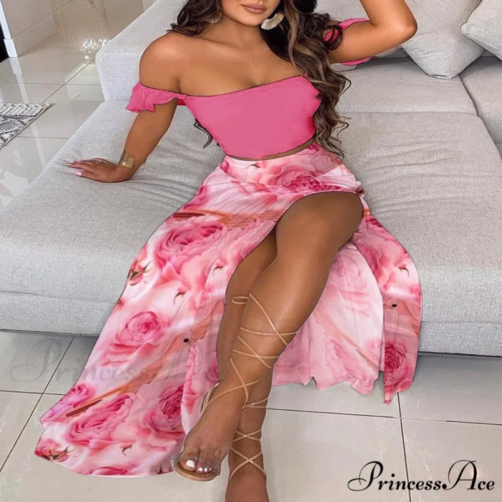 Women's Slash and - Long Warm-Season Top Slit Piece Spring with Shoulder Neck Set Two Off Flowered Party Gown Design Skirts - Image 7