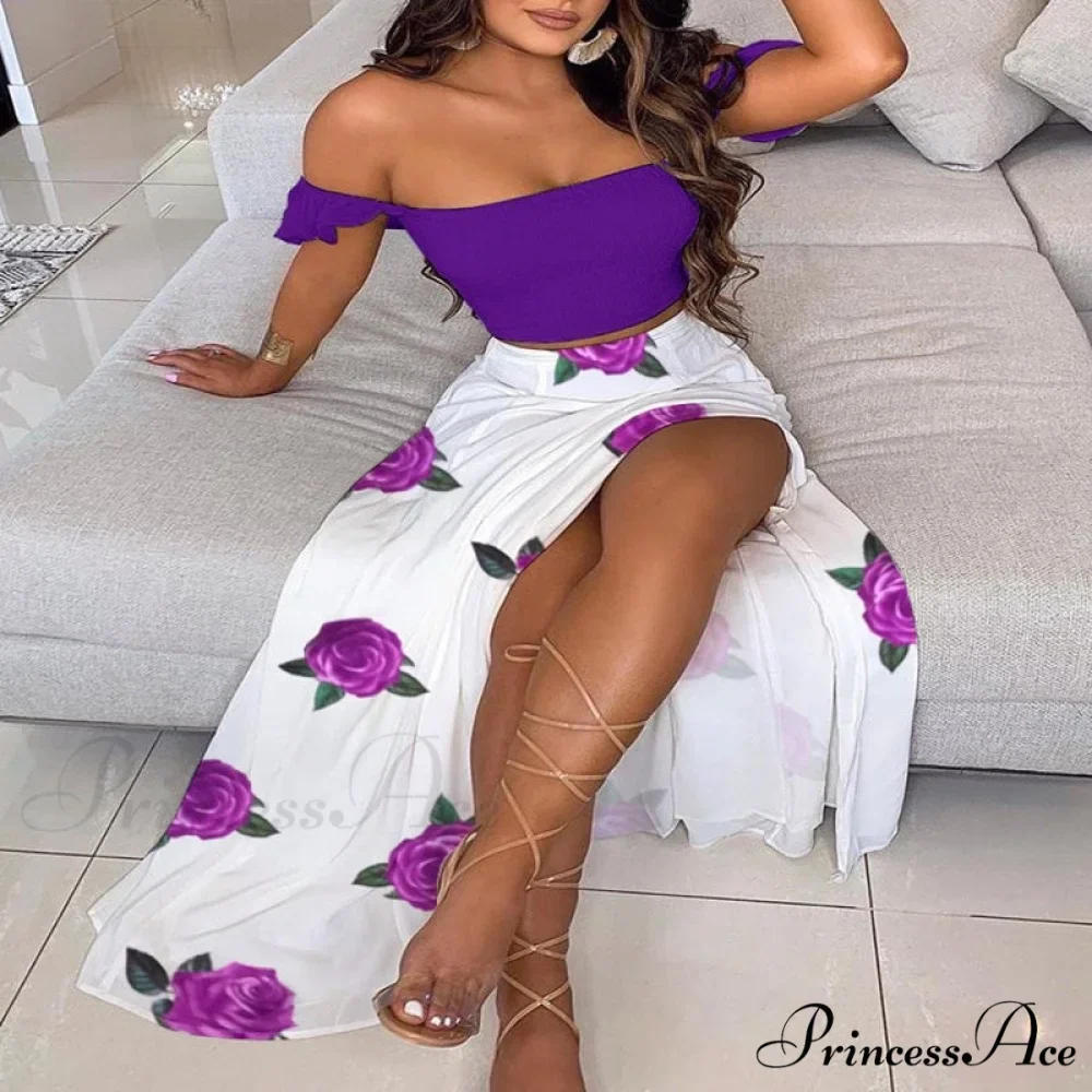Women's Slash and - Long Warm-Season Top Slit Piece Spring with Shoulder Neck Set Two Off Flowered Party Gown Design Skirts - Image 8
