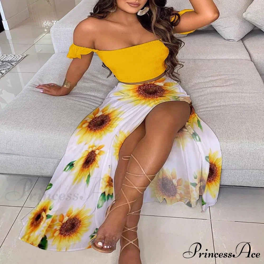 Women's Slash and - Long Warm-Season Top Slit Piece Spring with Shoulder Neck Set Two Off Flowered Party Gown Design Skirts - Image 9