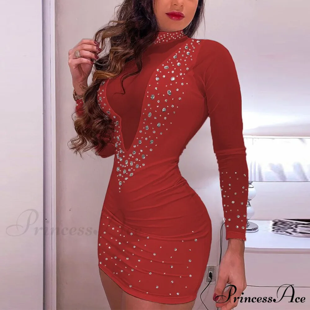 and Arm Detail - Gown Diamond with Lace Long Sheer Mesh Elegant Sequined Patchwork Party Mini Women's Bodycon Dress - Image 3