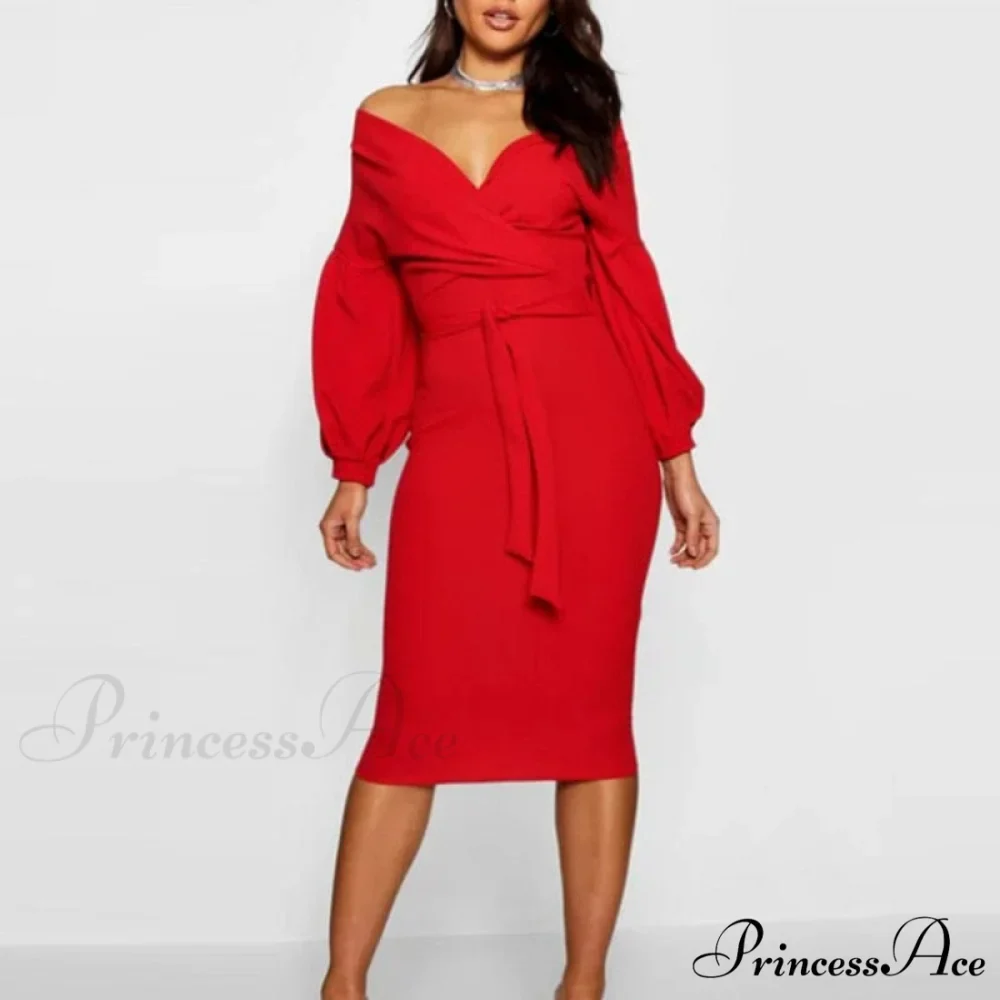 Gown with Bodycon and Spring Deep V Neck Lantern Sleeves Sashes - Image 3