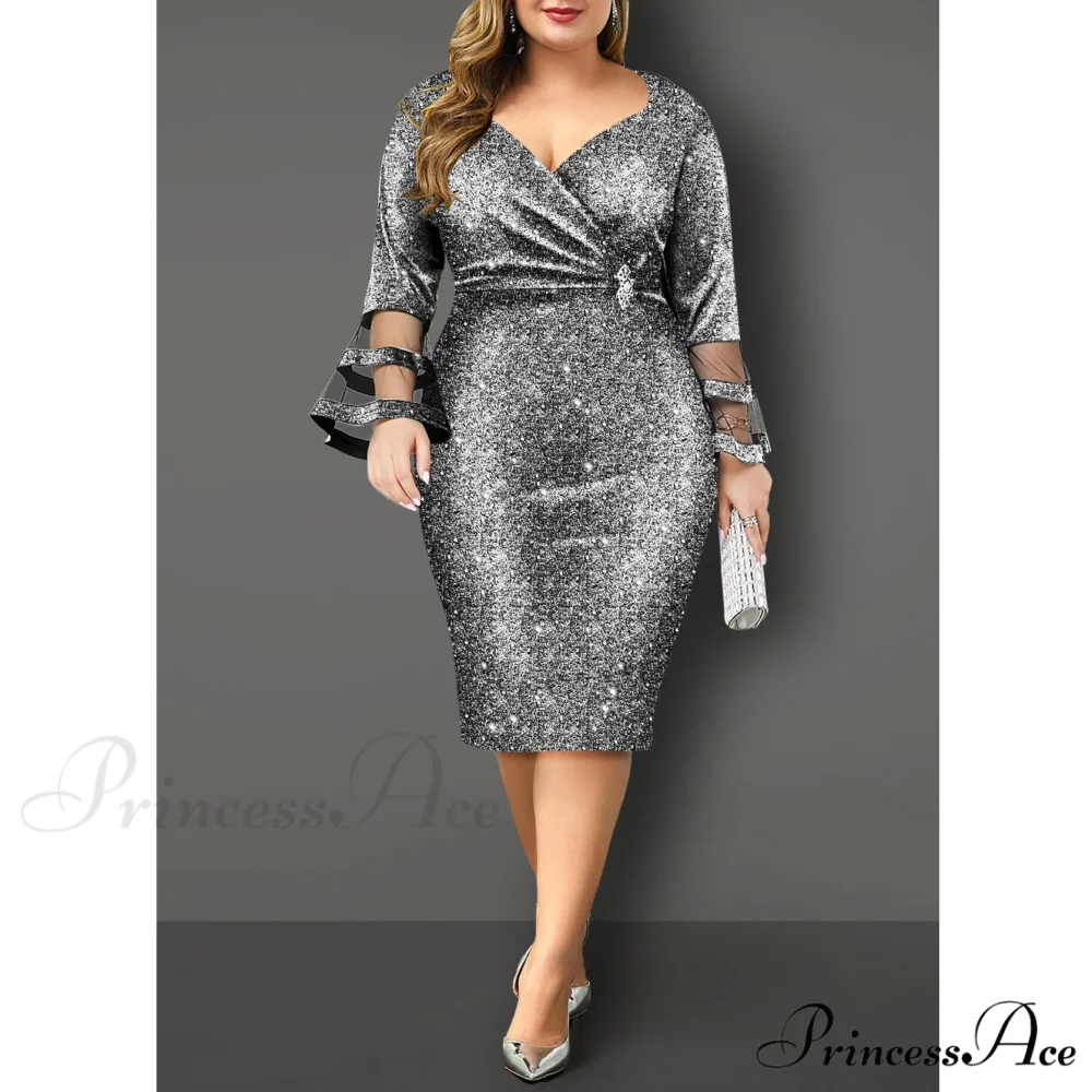 Autumn Women Party Silk Gown Elegant Mesh V - Size Arm Neck for Plus Club Evening Outfit Bright Wedding 8XL - Image 15