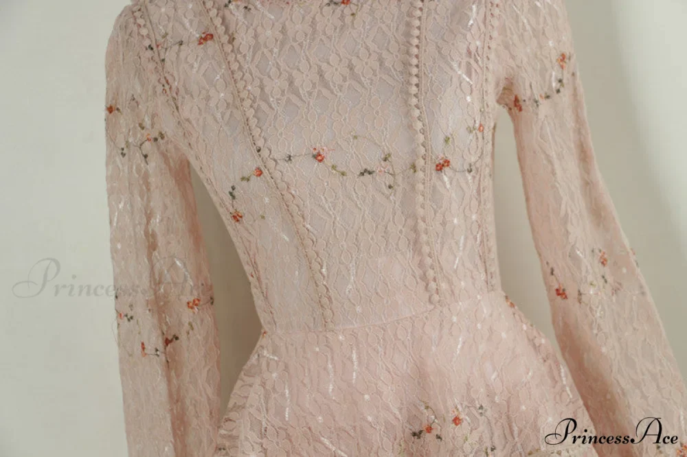 Gown Ruffle Embroidery Female Full-Length Full Elegant - Gown - - - Spring/Winter - Long Waist Pink Party Lace Arm High - - Woman - Image 12