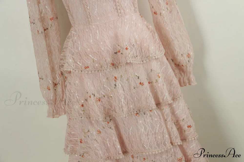 Gown Ruffle Embroidery Female Full-Length Full Elegant - Gown - - - Spring/Winter - Long Waist Pink Party Lace Arm High - - Woman - Image 13