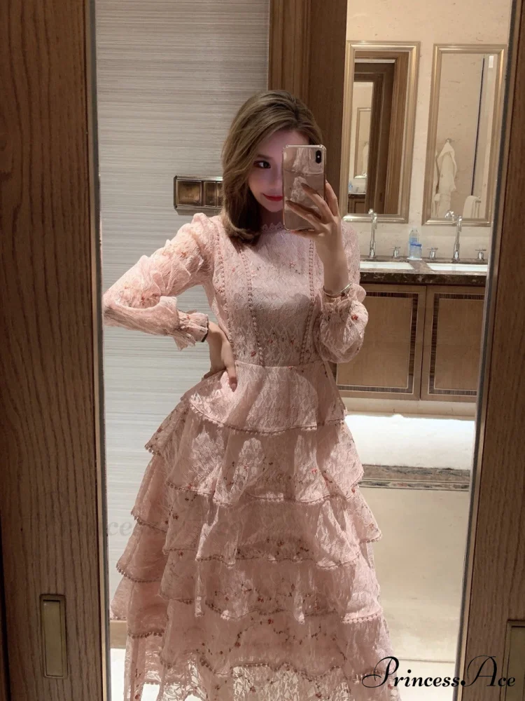 Gown Ruffle Embroidery Female Full-Length Full Elegant - Gown - - - Spring/Winter - Long Waist Pink Party Lace Arm High - - Woman - Image 4
