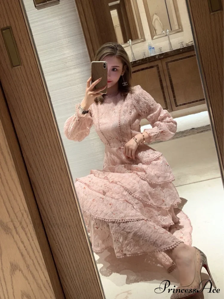 Gown Ruffle Embroidery Female Full-Length Full Elegant - Gown - - - Spring/Winter - Long Waist Pink Party Lace Arm High - - Woman - Image 5
