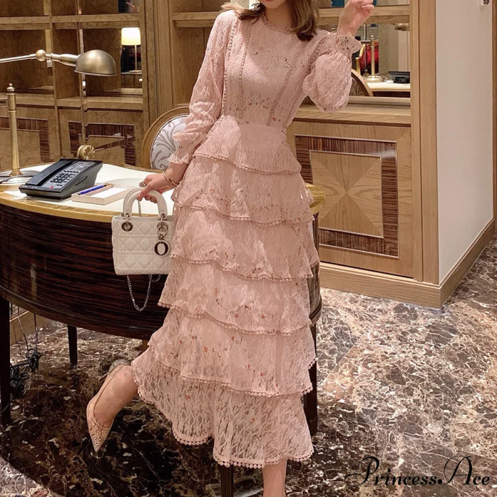 Gown Ruffle Embroidery Female Full-Length Full Elegant - Gown - - - Spring/Winter - Long Waist Pink Party Lace Arm High - - Woman - Image 6
