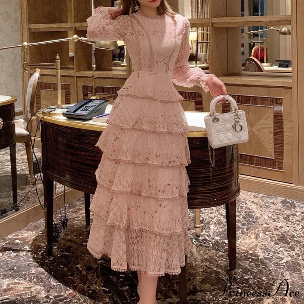 Gown Ruffle Embroidery Female Full-Length Full Elegant - Gown - - - Spring/Winter - Long Waist Pink Party Lace Arm High - - Woman - Image 7