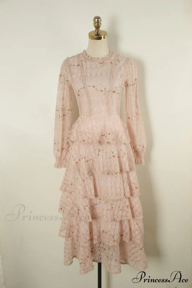 Gown Ruffle Embroidery Female Full-Length Full Elegant - Gown - - - Spring/Winter - Long Waist Pink Party Lace Arm High - - Woman - Image 8