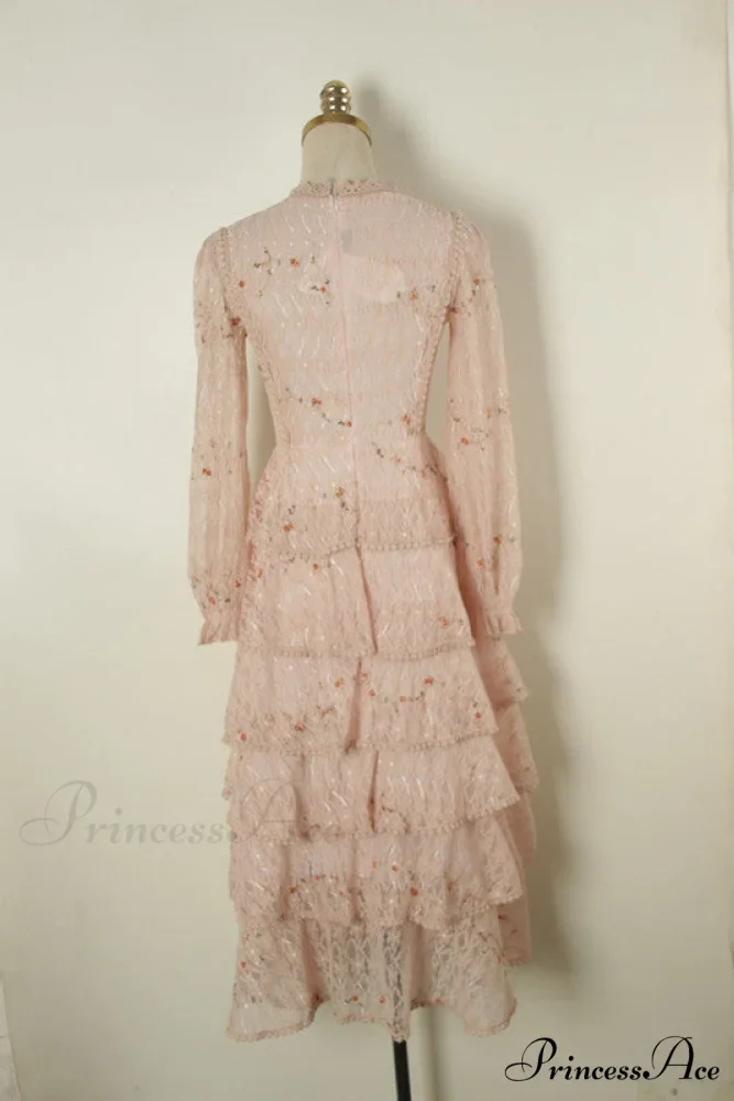 Gown Ruffle Embroidery Female Full-Length Full Elegant - Gown - - - Spring/Winter - Long Waist Pink Party Lace Arm High - - Woman - Image 9