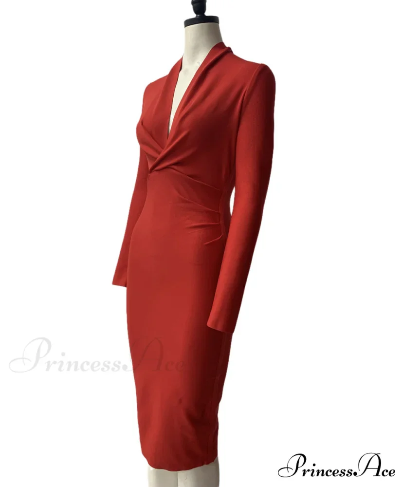 Women's Full Gown Celebrity Club Gown - V Bodycon Warm-Season Vestidos Deep Bandage Evening Neck with for Sleeves Party - Image 15