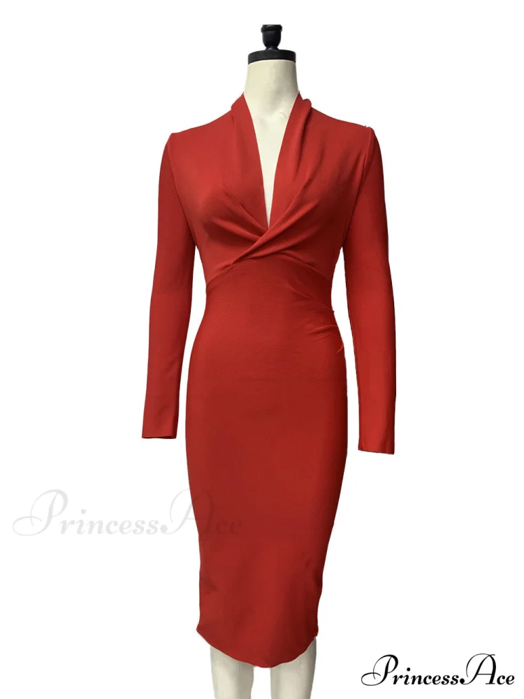 Women's Full Gown Celebrity Club Gown - V Bodycon Warm-Season Vestidos Deep Bandage Evening Neck with for Sleeves Party - Image 16