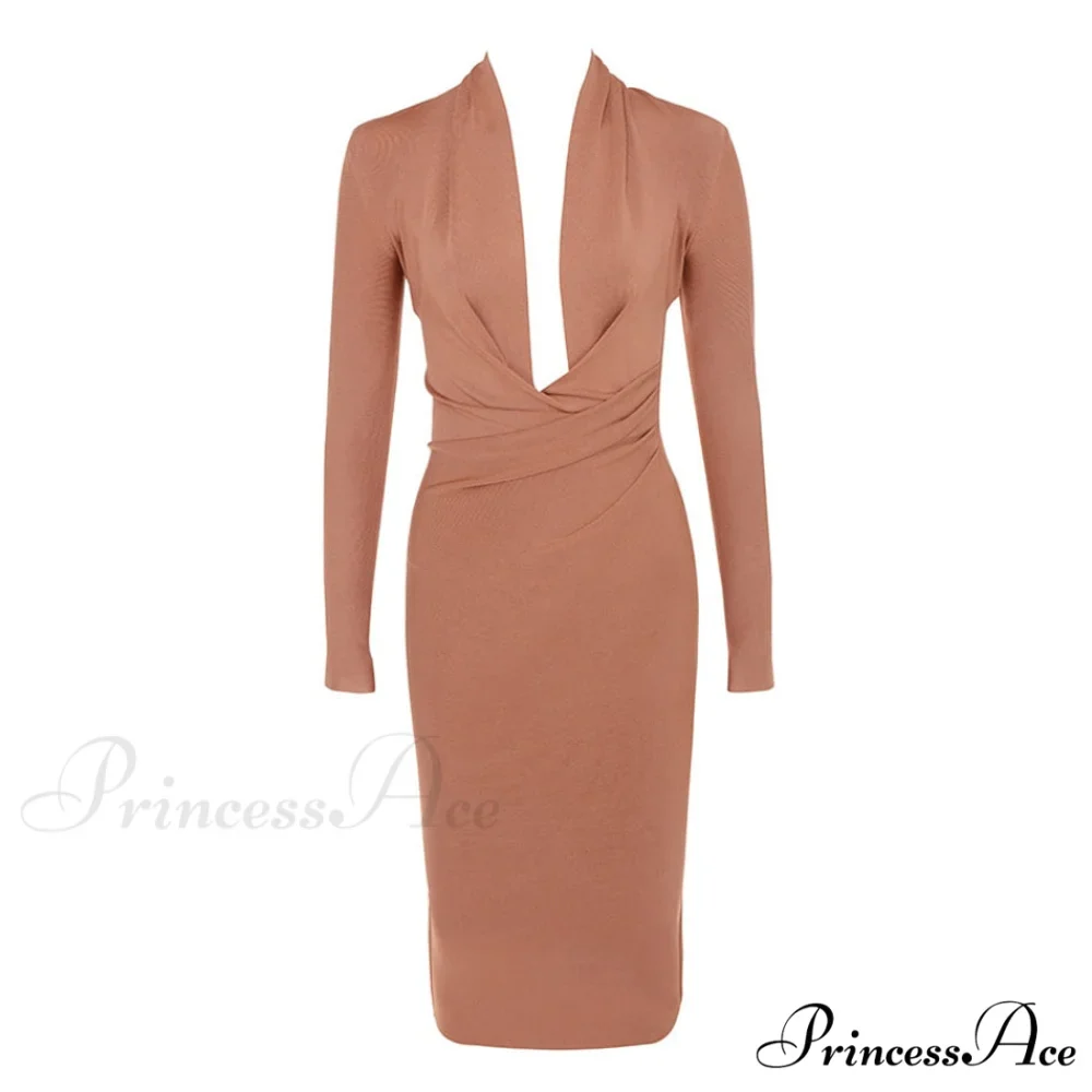 Women's Full Gown Celebrity Club Gown - V Bodycon Warm-Season Vestidos Deep Bandage Evening Neck with for Sleeves Party - Image 3