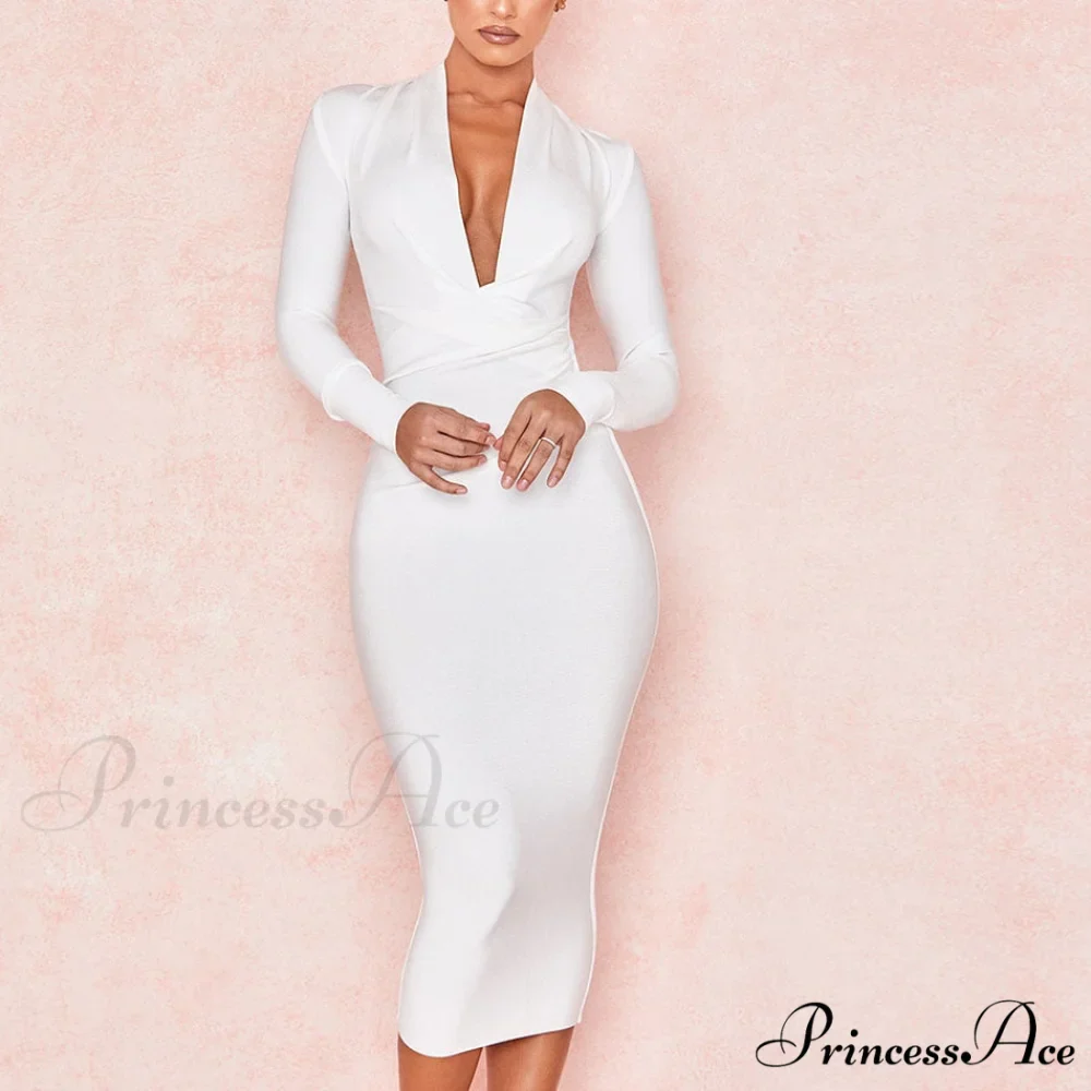 Women's Full Gown Celebrity Club Gown - V Bodycon Warm-Season Vestidos Deep Bandage Evening Neck with for Sleeves Party - Image 5