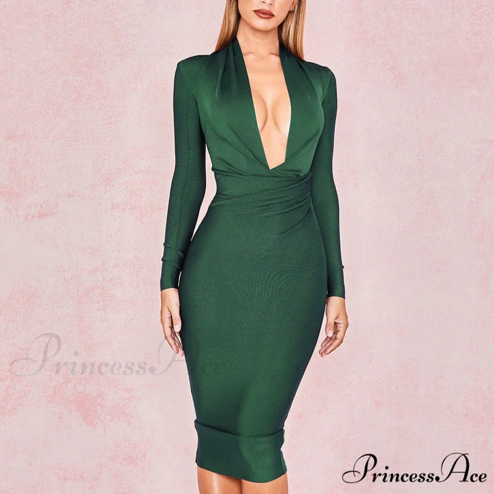 Women's Full Gown Celebrity Club Gown - V Bodycon Warm-Season Vestidos Deep Bandage Evening Neck with for Sleeves Party - Image 8