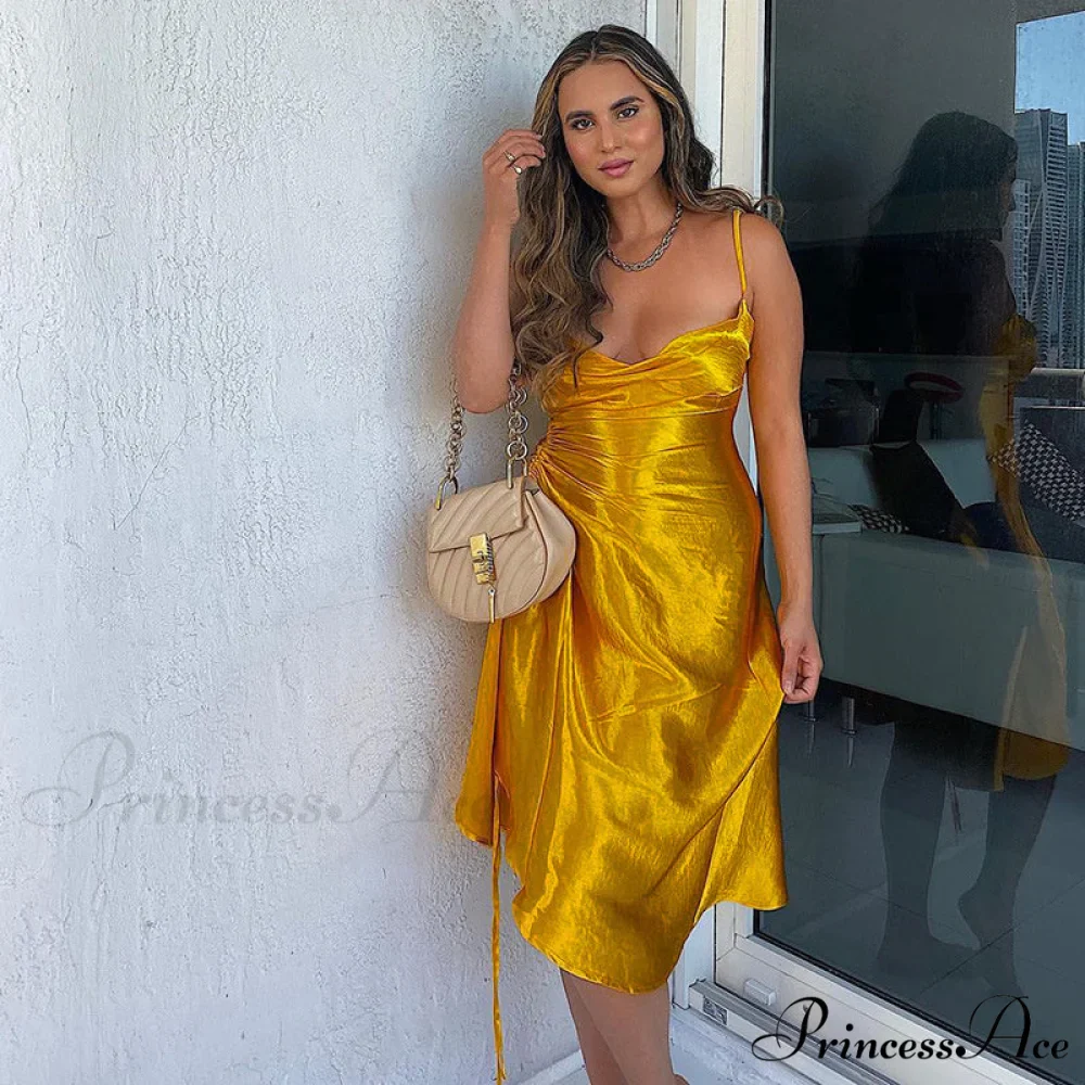 Evening Boxy Ruched Side Party Satin Solid Dresses Clubwear Gown Split Sleeveless Elegant Neckline Vestidos - Image 3