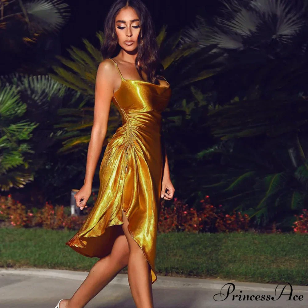 Evening Boxy Ruched Side Party Satin Solid Dresses Clubwear Gown Split Sleeveless Elegant Neckline Vestidos - Image 8