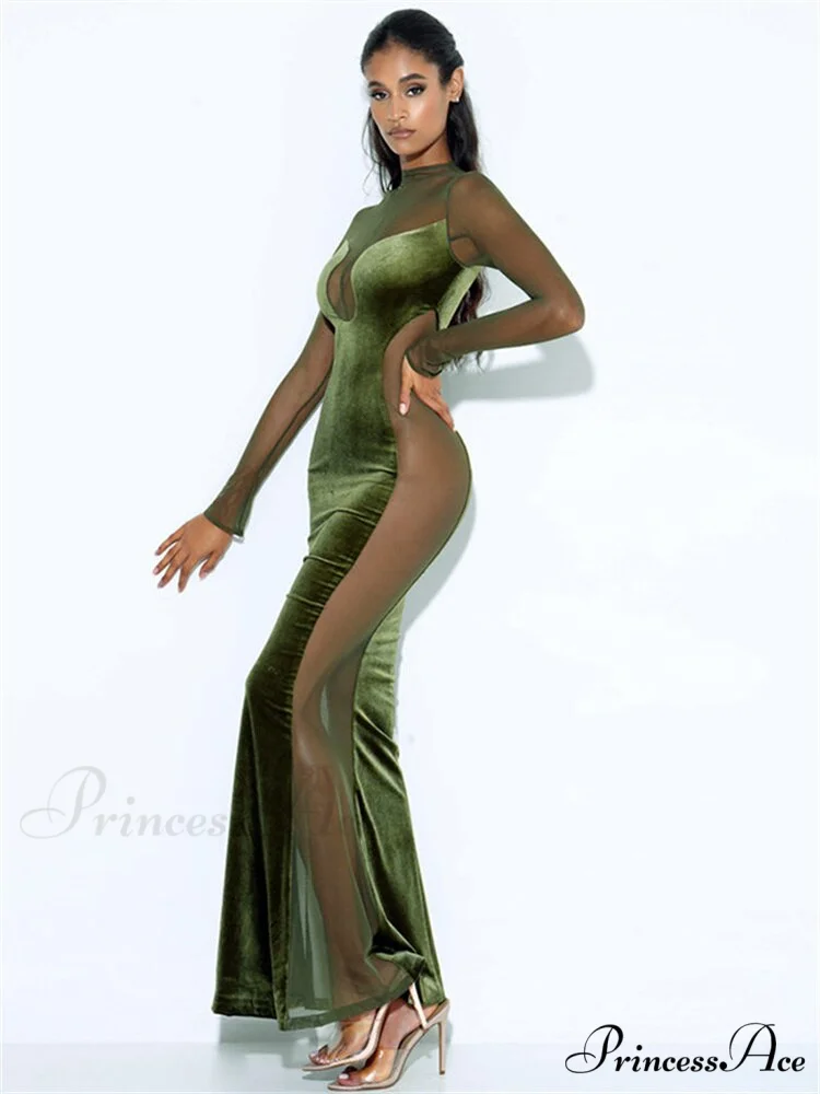O Elegant Arm Dresses Fashion Full-Length Through Fall Party Gown Club Neck for Outfits Sexy - Long Mesh Patchwork See Women - Image 10