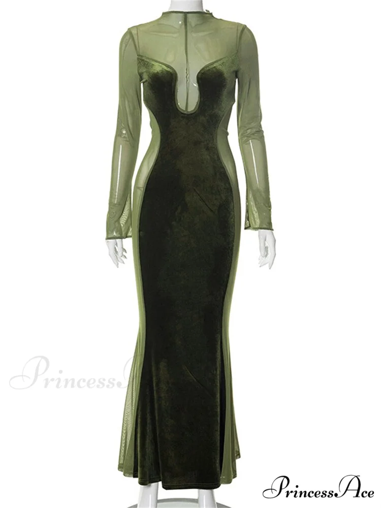 O Elegant Arm Dresses Fashion Full-Length Through Fall Party Gown Club Neck for Outfits Sexy - Long Mesh Patchwork See Women - Image 11