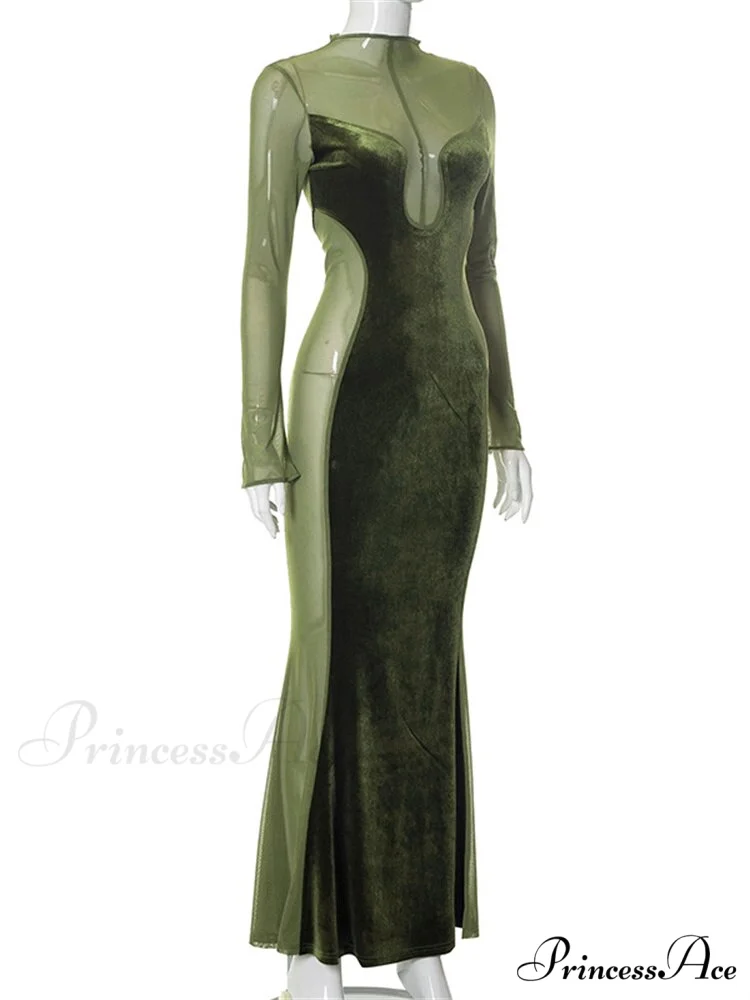 O Elegant Arm Dresses Fashion Full-Length Through Fall Party Gown Club Neck for Outfits Sexy - Long Mesh Patchwork See Women - Image 12