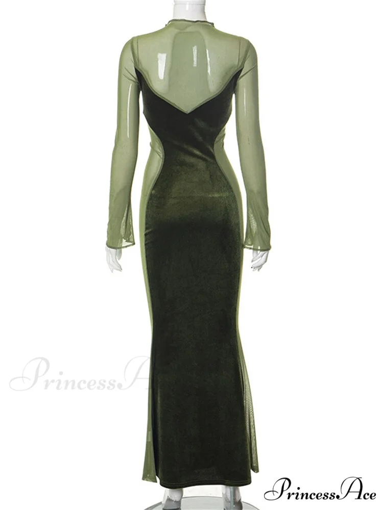O Elegant Arm Dresses Fashion Full-Length Through Fall Party Gown Club Neck for Outfits Sexy - Long Mesh Patchwork See Women - Image 13