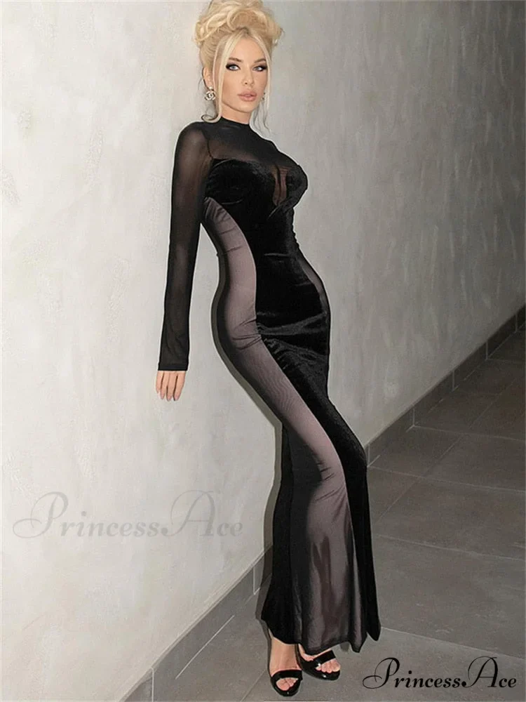 O Elegant Arm Dresses Fashion Full-Length Through Fall Party Gown Club Neck for Outfits Sexy - Long Mesh Patchwork See Women - Image 2