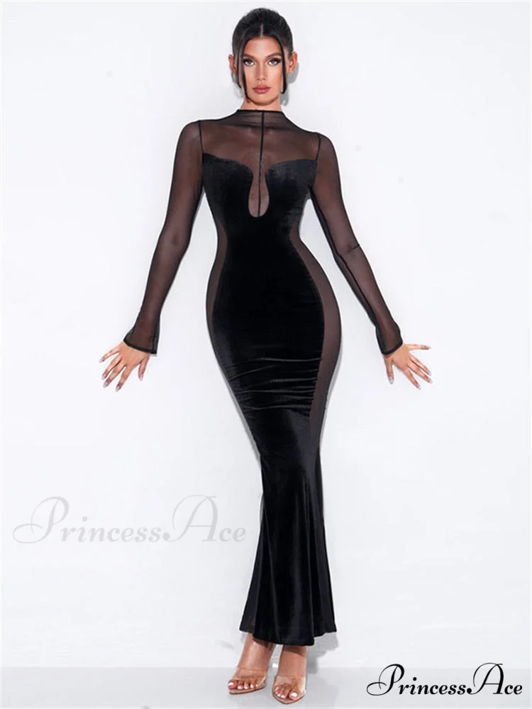 O Elegant Arm Dresses Fashion Full-Length Through Fall Party Gown Club Neck for Outfits Sexy - Long Mesh Patchwork See Women - Image 3