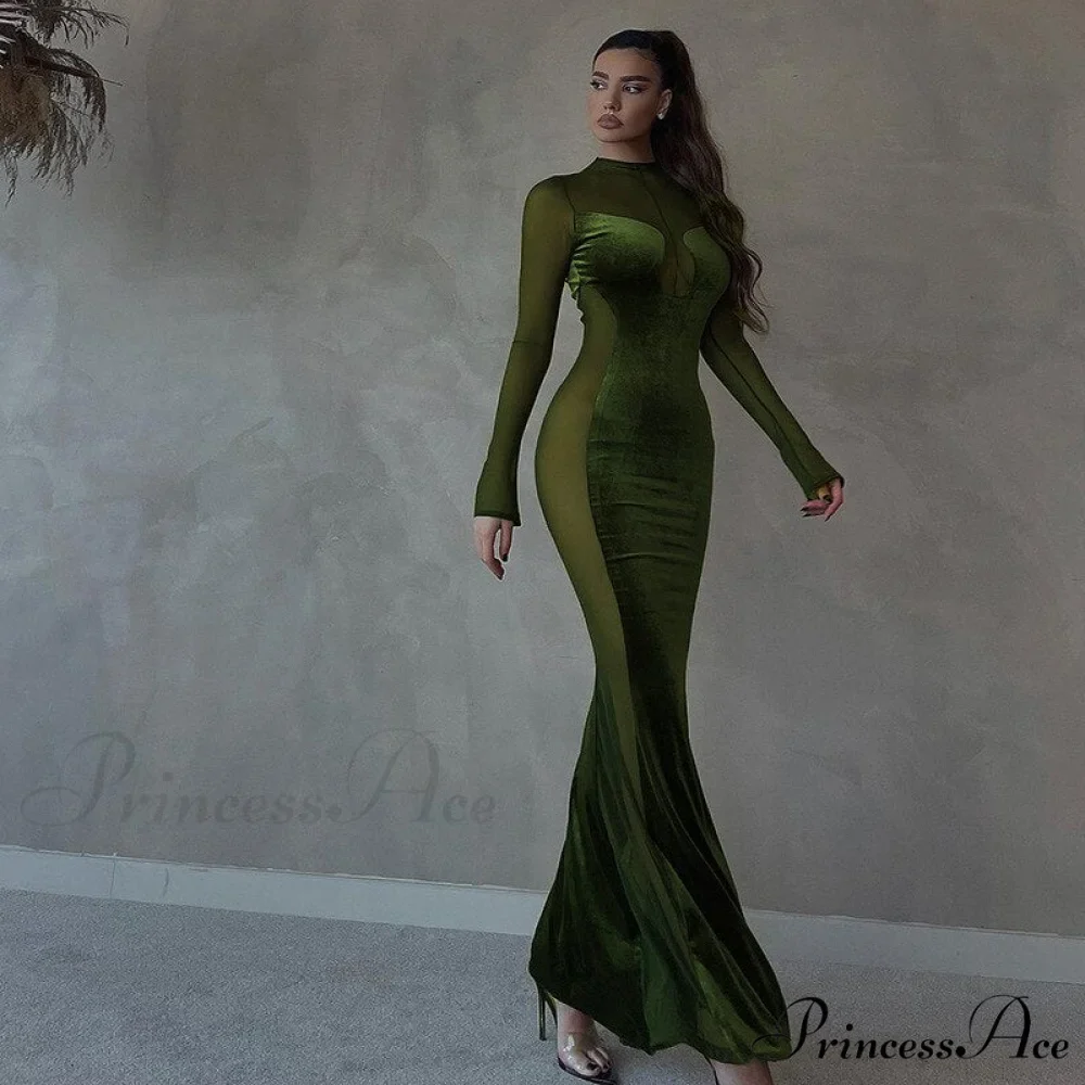 O Elegant Arm Dresses Fashion Full-Length Through Fall Party Gown Club Neck for Outfits Sexy - Long Mesh Patchwork See Women - Image 5