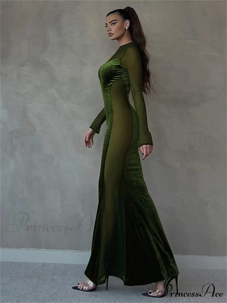 O Elegant Arm Dresses Fashion Full-Length Through Fall Party Gown Club Neck for Outfits Sexy - Long Mesh Patchwork See Women - Image 6