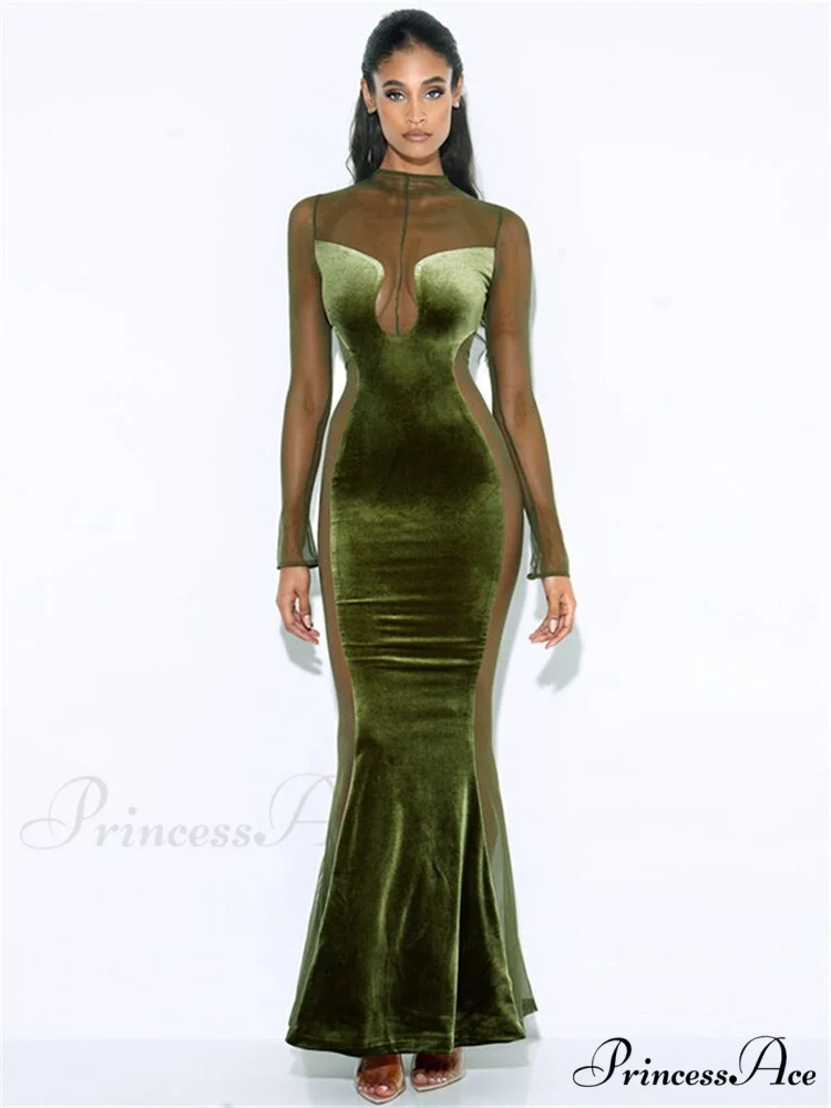 O Elegant Arm Dresses Fashion Full-Length Through Fall Party Gown Club Neck for Outfits Sexy - Long Mesh Patchwork See Women - Image 9