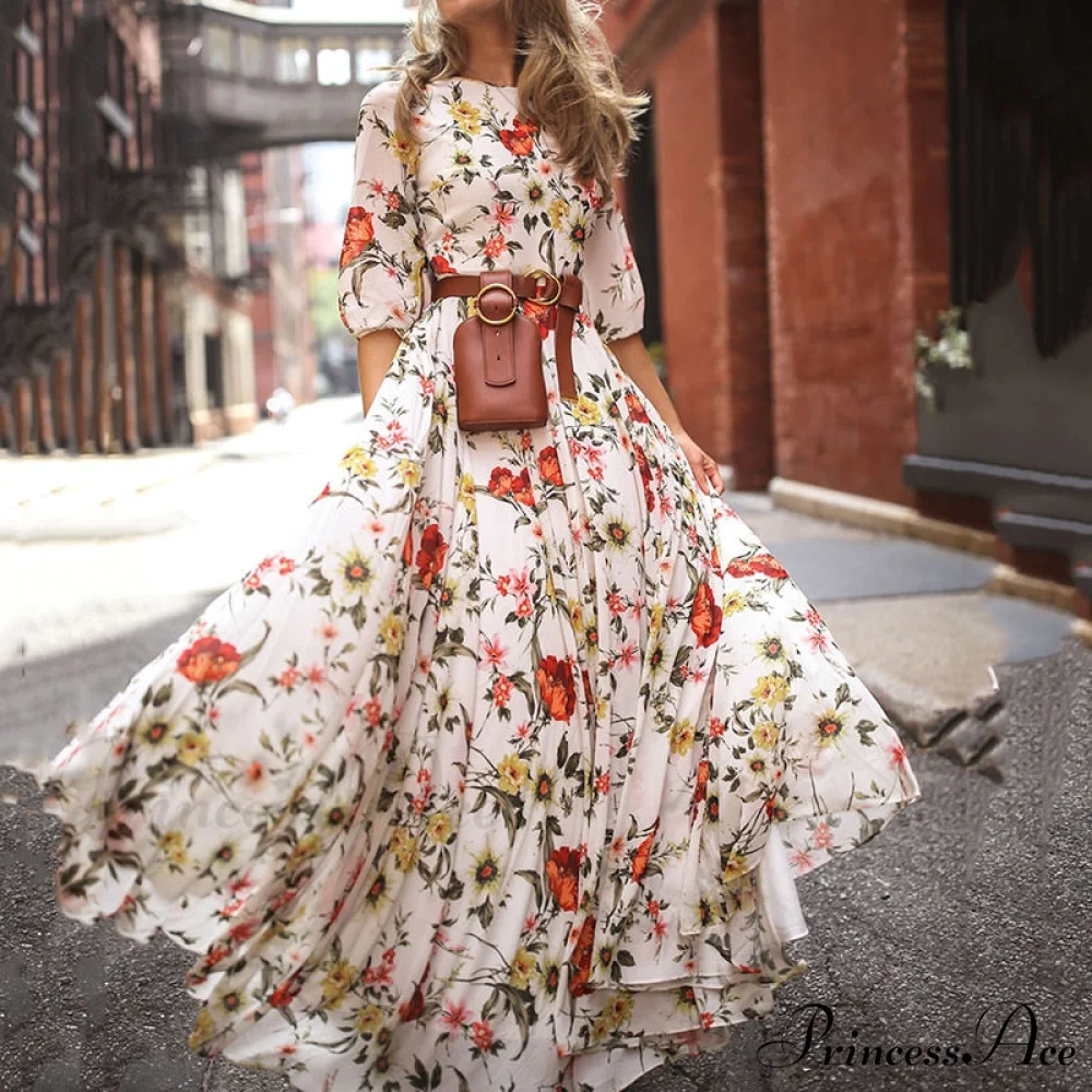 Vintage Warm-Season Printing Gown Flowered Long Fashion Elegant Three Party Quarter O-Neck Arm Streetwear - Image 2