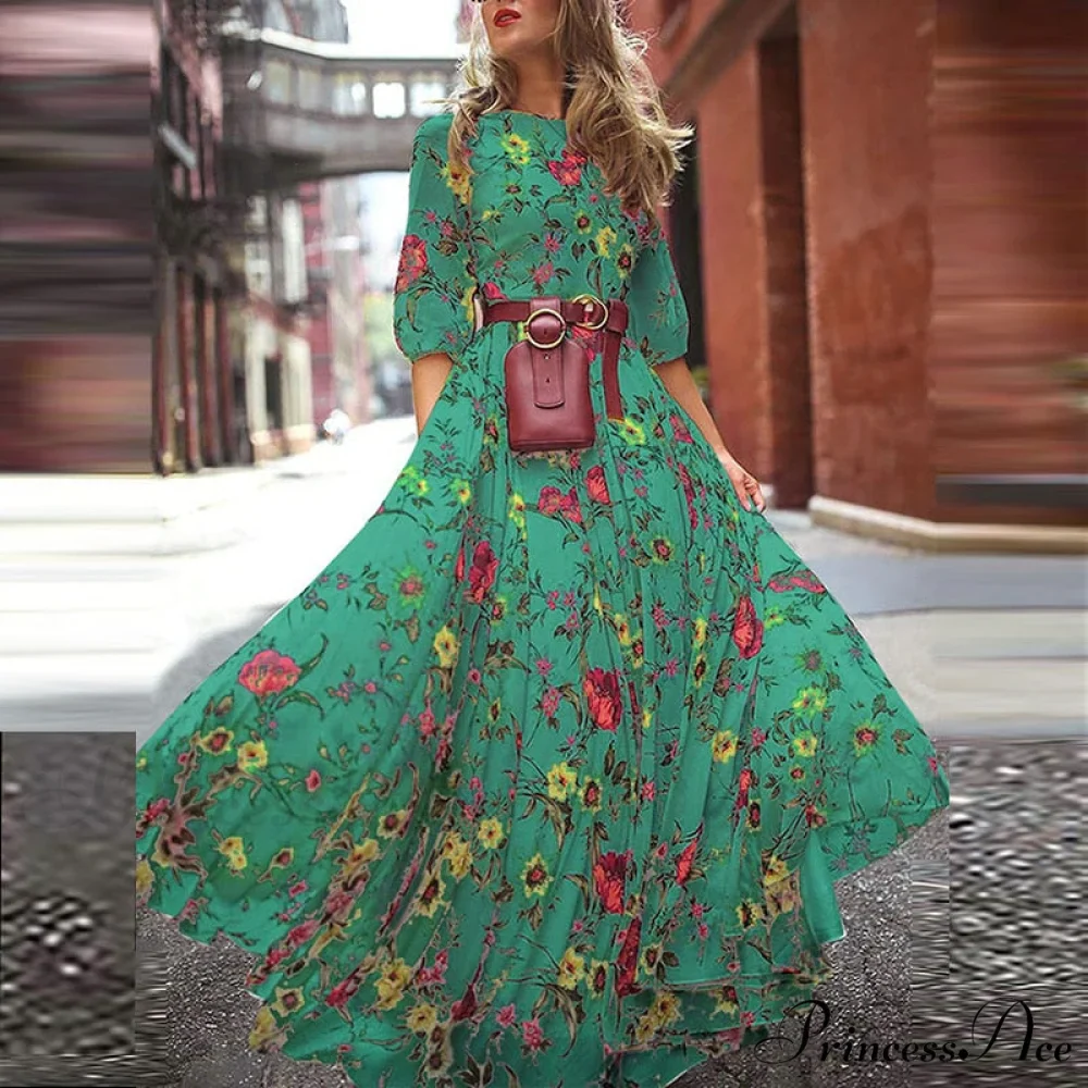 Vintage Warm-Season Printing Gown Flowered Long Fashion Elegant Three Party Quarter O-Neck Arm Streetwear - Image 4