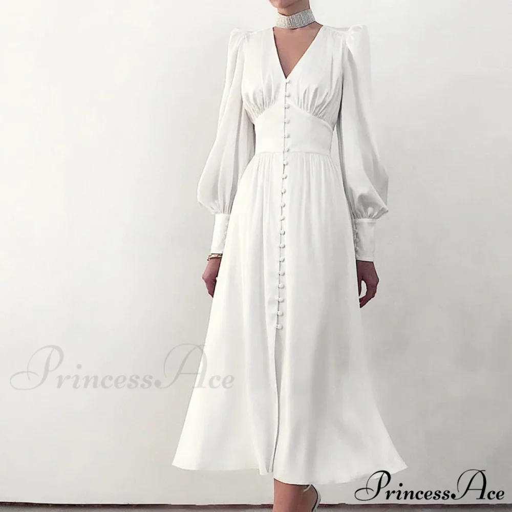 Guest Wedding Satin Full-Length Silk Gown Mid-Calf Empire Evening Vintage Party Buttons Dress - Image 2