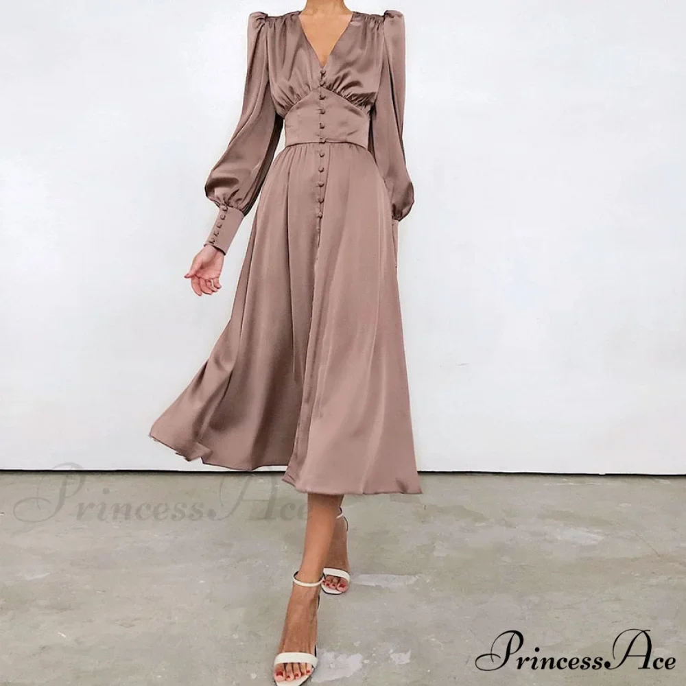Guest Wedding Satin Full-Length Silk Gown Mid-Calf Empire Evening Vintage Party Buttons Dress - Image 3