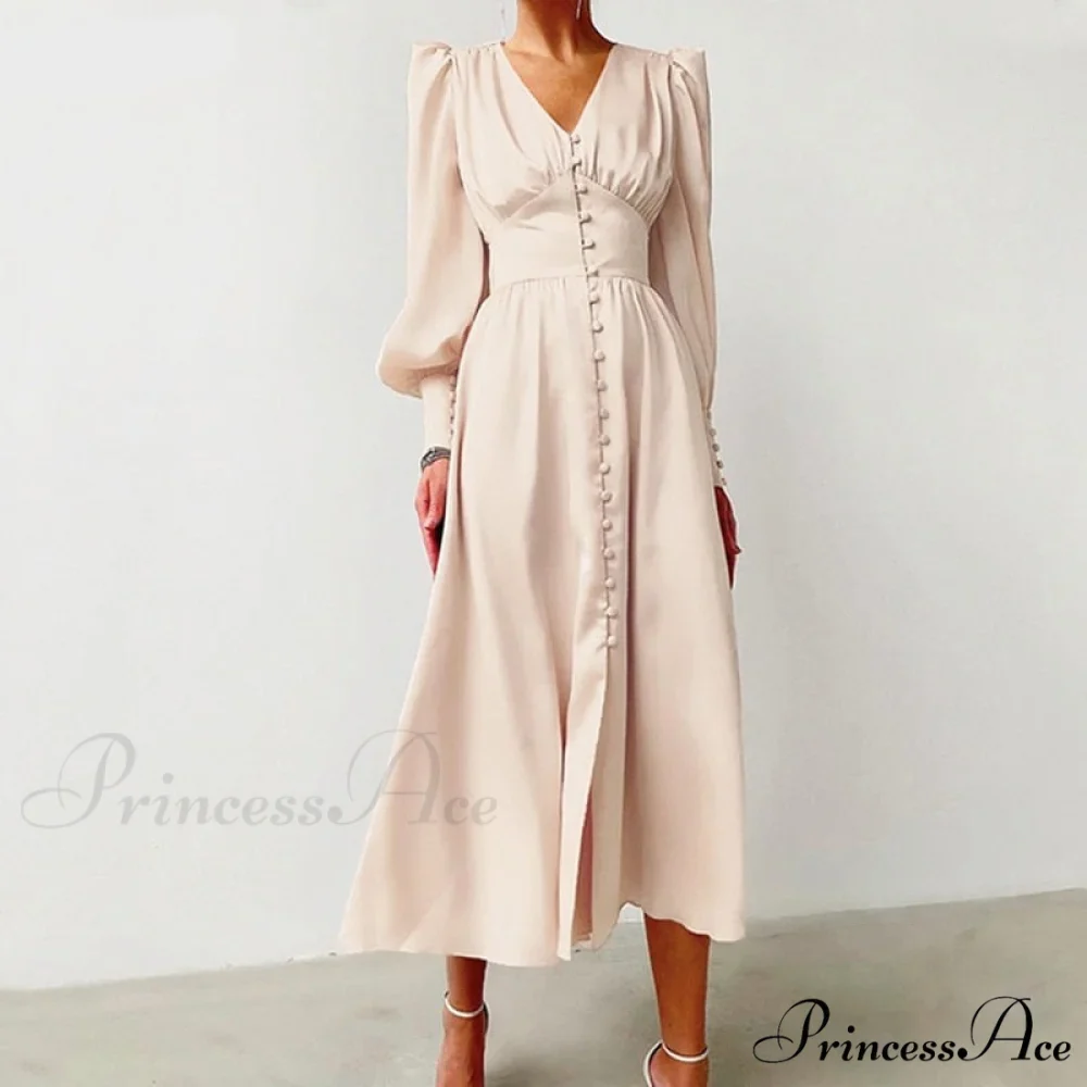 Guest Wedding Satin Full-Length Silk Gown Mid-Calf Empire Evening Vintage Party Buttons Dress - Image 4