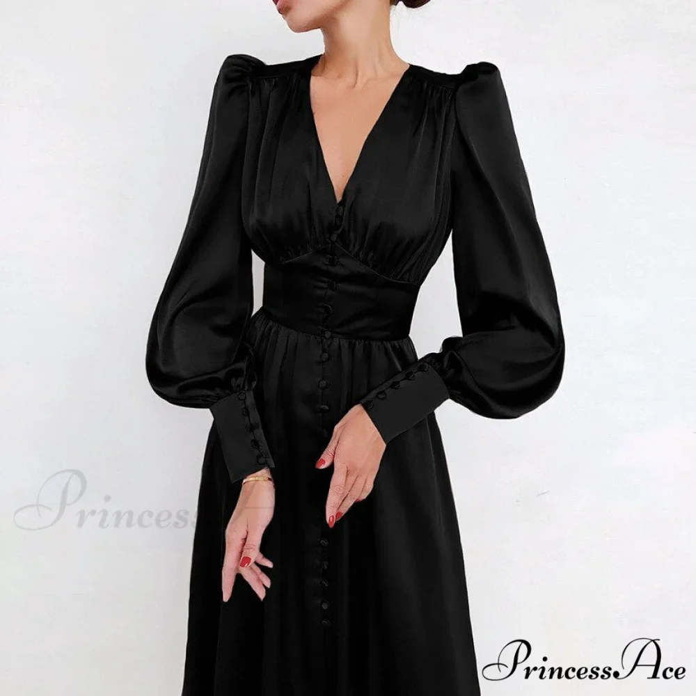 Guest Wedding Satin Full-Length Silk Gown Mid-Calf Empire Evening Vintage Party Buttons Dress - Image 5