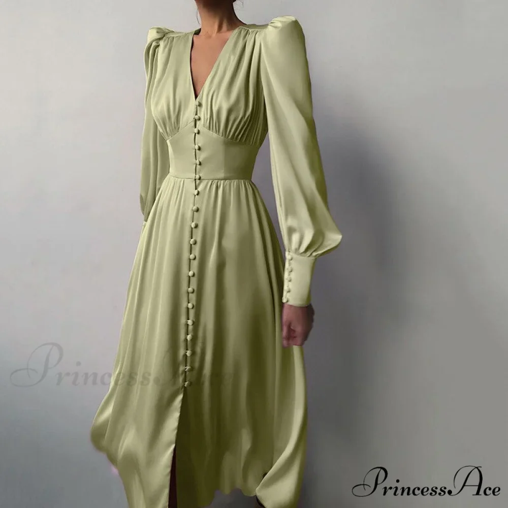Guest Wedding Satin Full-Length Silk Gown Mid-Calf Empire Evening Vintage Party Buttons Dress - Image 6