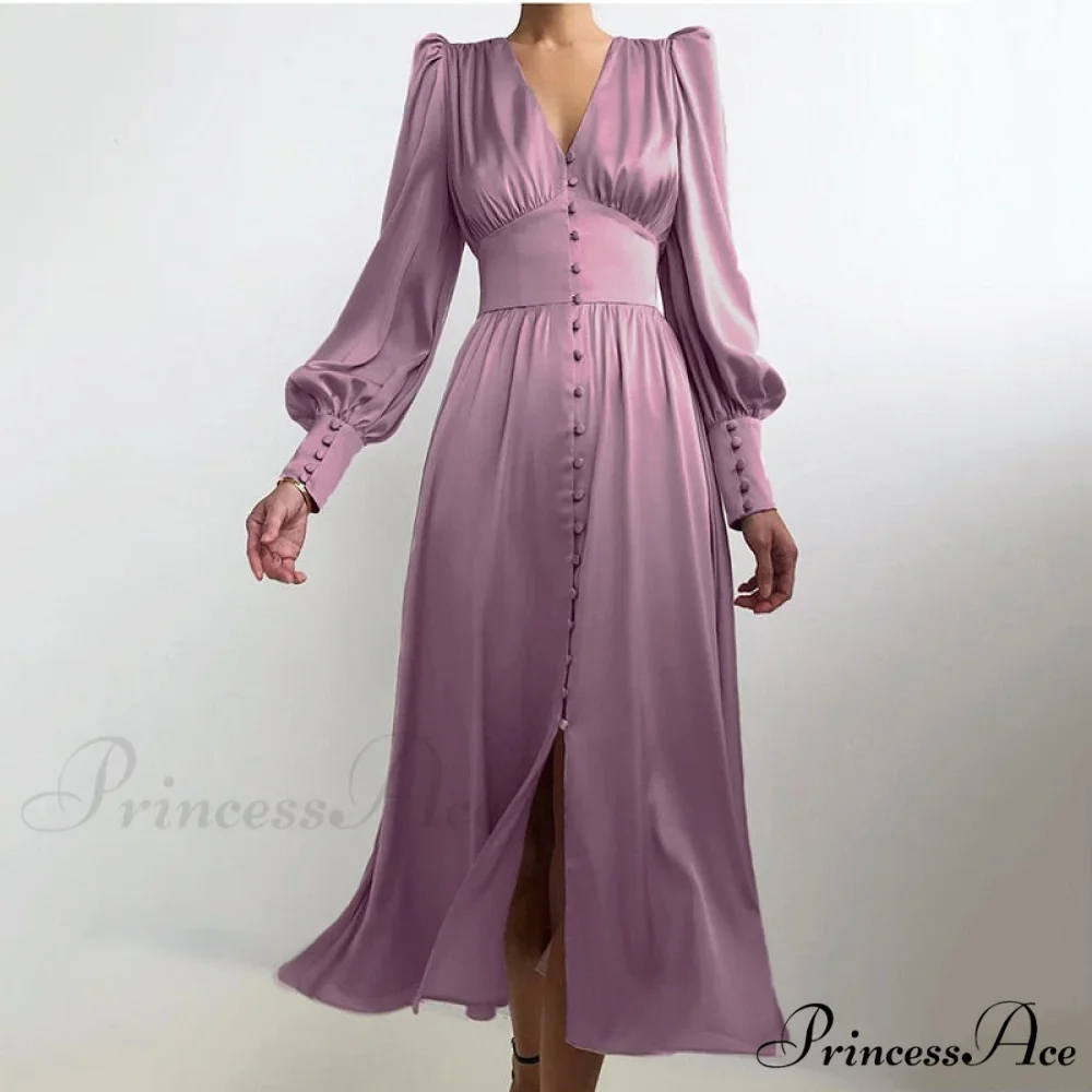 Guest Wedding Satin Full-Length Silk Gown Mid-Calf Empire Evening Vintage Party Buttons Dress - Image 7