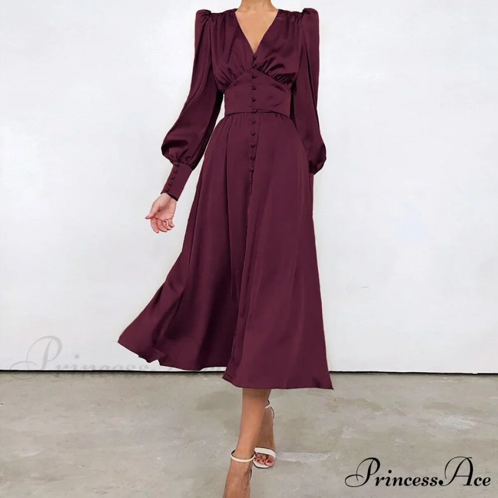 Guest Wedding Satin Full-Length Silk Gown Mid-Calf Empire Evening Vintage Party Buttons Dress - Image 8