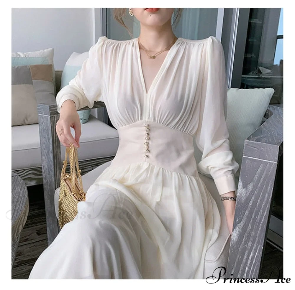 Gown Midi Elegant Arm Long Solid V-Neck for Women - Image 2