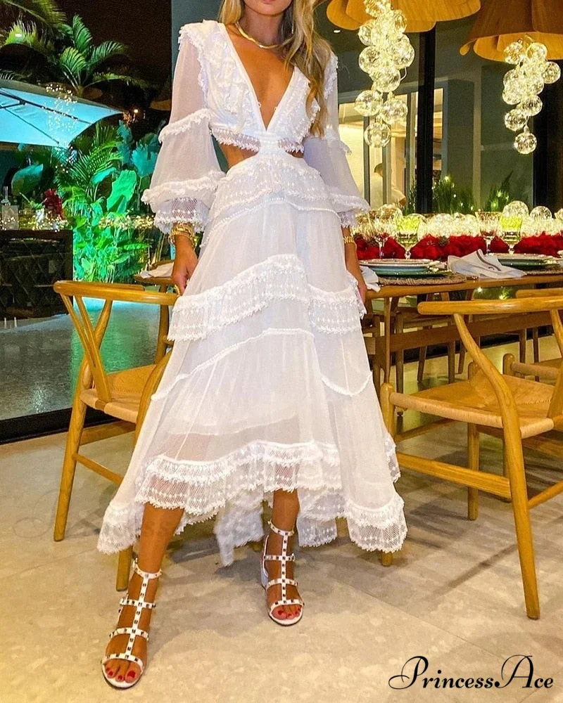 Breasted Arm Sexy Flower Long and Single with Embroidery Tulle Full-Length Warm-Season Party Gown Layer Lace Ruffle Robe - Image 11