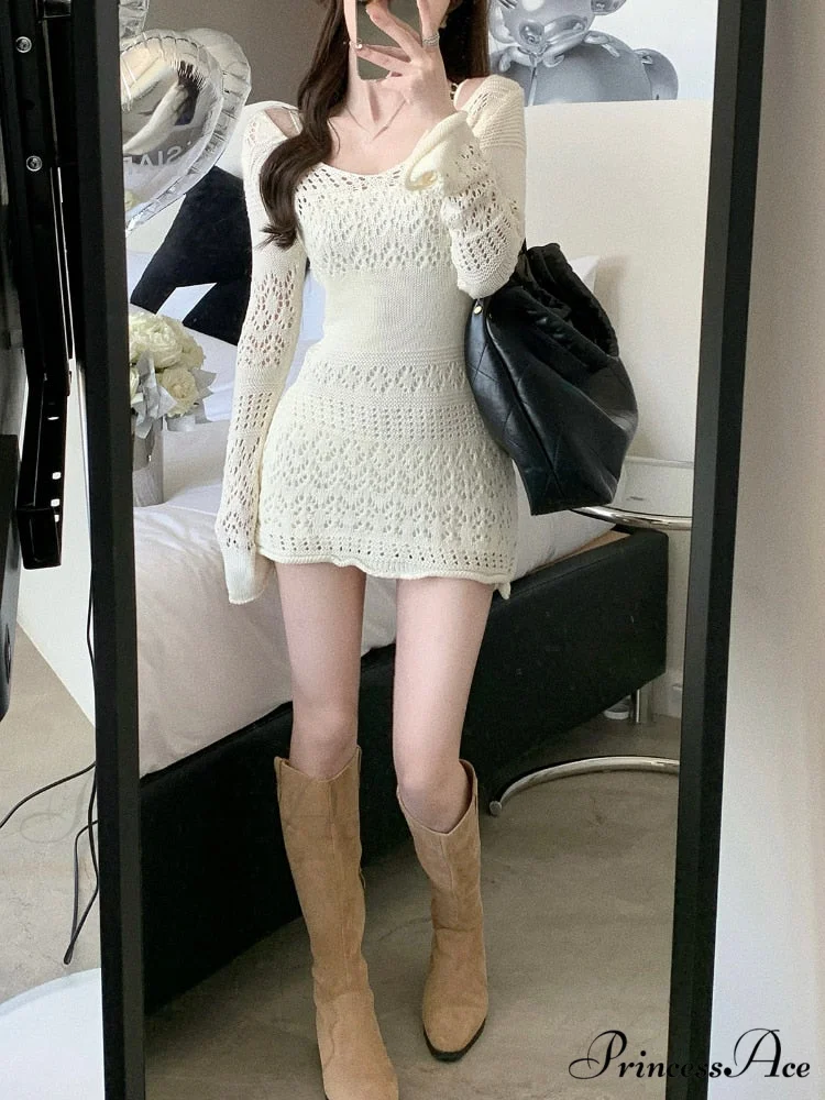Y2k Sexy Gown Korea Mini Slim Brief Fashion Elegant Long Arm Gown Lace Party Knitted Women Gown Vintage - Image 2