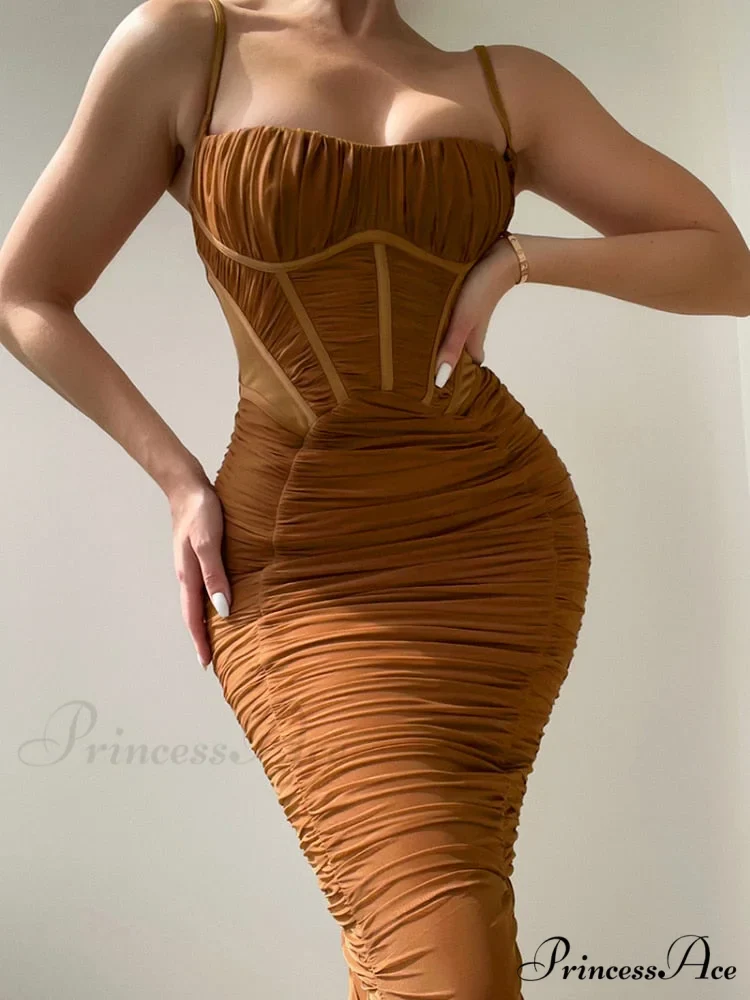 Sexy Warm-Season Strap Elegant Spaghetti Evening Woman Mesh Stretchy Party Gown Ruched Bodycon Long Full-Length Dress - Image 2