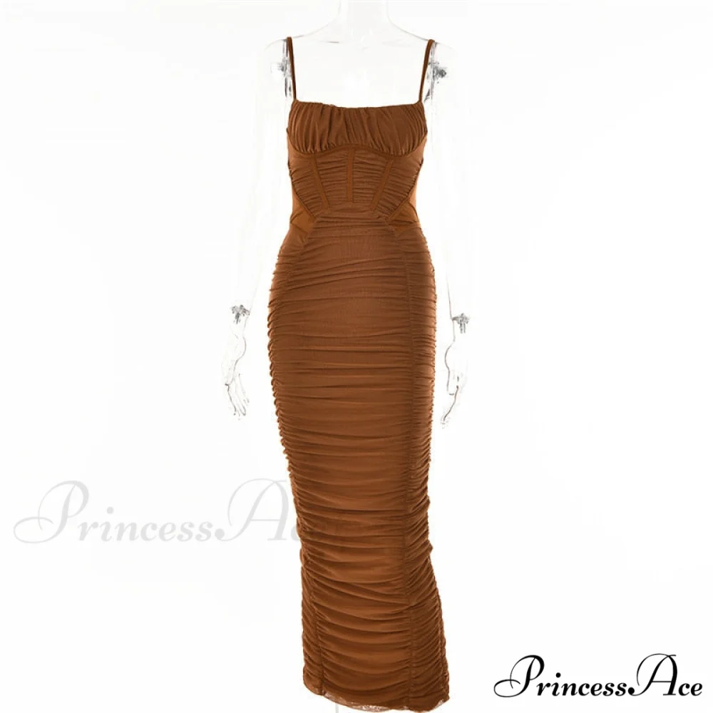 Sexy Warm-Season Strap Elegant Spaghetti Evening Woman Mesh Stretchy Party Gown Ruched Bodycon Long Full-Length Dress - Image 6