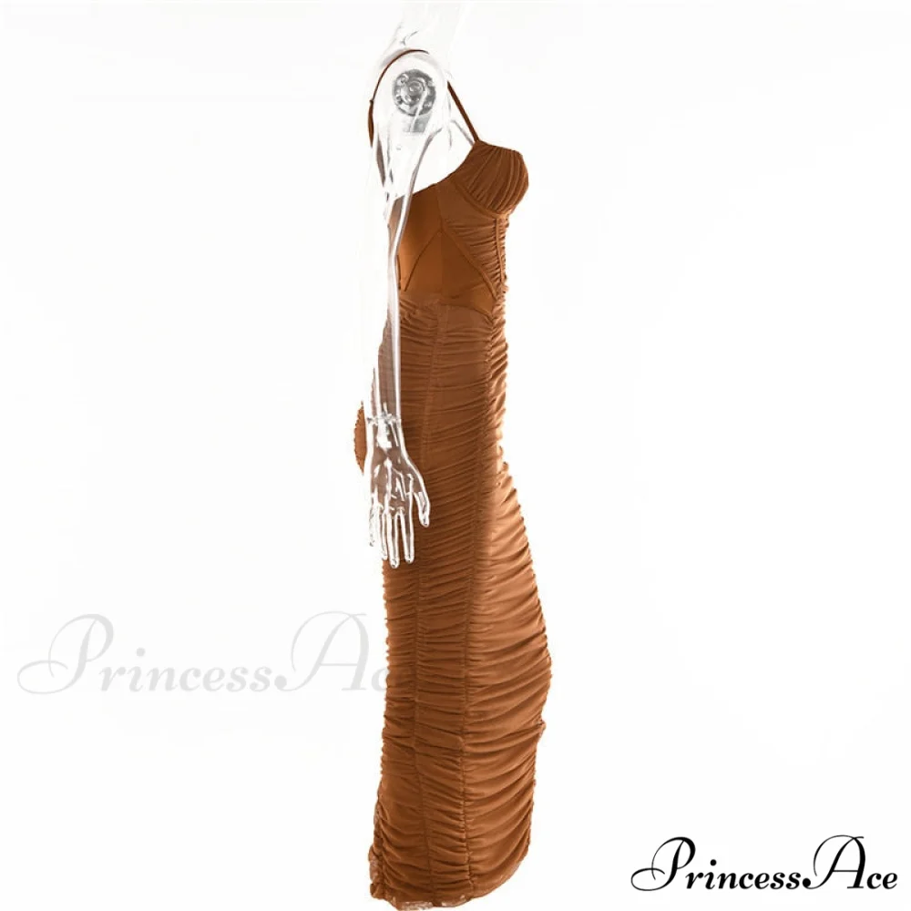 Sexy Warm-Season Strap Elegant Spaghetti Evening Woman Mesh Stretchy Party Gown Ruched Bodycon Long Full-Length Dress - Image 8