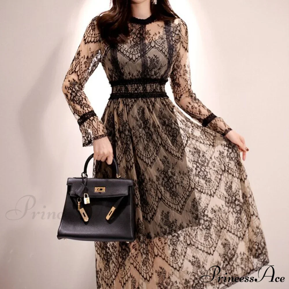 O-Neck Casual Waist Elegant High Party Vintage Femme Lace Sexy Arm Spring Robe Slim Long Outfits Fashion Women OL 2024 Dresses - Image 2